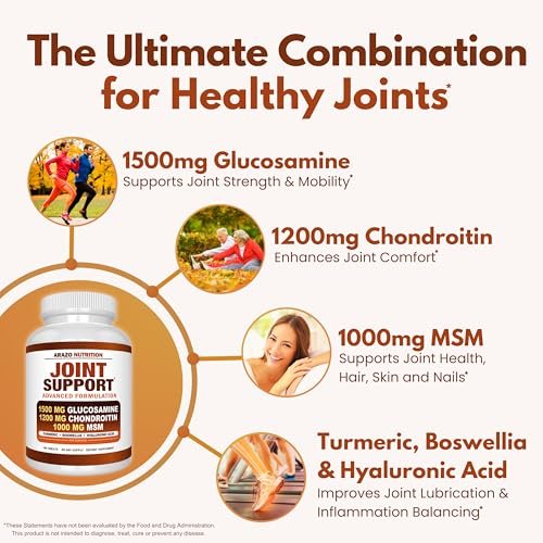 Arazo Nutrition Glucosamin Chondroitin Kurkuma MSM Boswellia – Gelenkunterstützung für Knochen, Rücken, Knie, Hände (180 Tabletten)