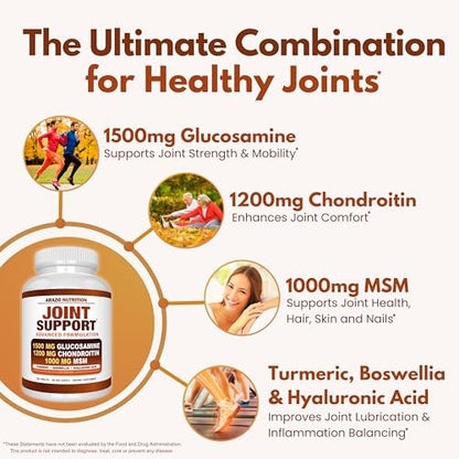 Arazo Nutrition Glucosamin Chondroitin Kurkuma MSM Boswellia – Gelenkunterstützung für Knochen, Rücken, Knie, Hände (180 Tabletten)