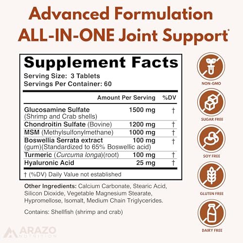 Arazo Nutrition Glucosamin Chondroitin Kurkuma MSM Boswellia – Gelenkunterstützung für Knochen, Rücken, Knie, Hände (180 Tabletten)