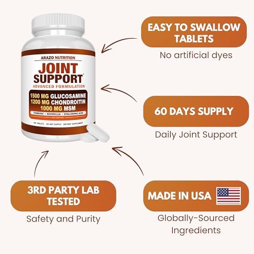 Arazo Nutrition Glucosamin Chondroitin Kurkuma MSM Boswellia – Gelenkunterstützung für Knochen, Rücken, Knie, Hände (180 Tabletten)