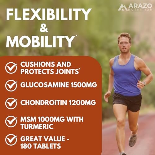 Arazo Nutrition Glucosamin Chondroitin Kurkuma MSM Boswellia – Gelenkunterstützung für Knochen, Rücken, Knie, Hände (180 Tabletten)