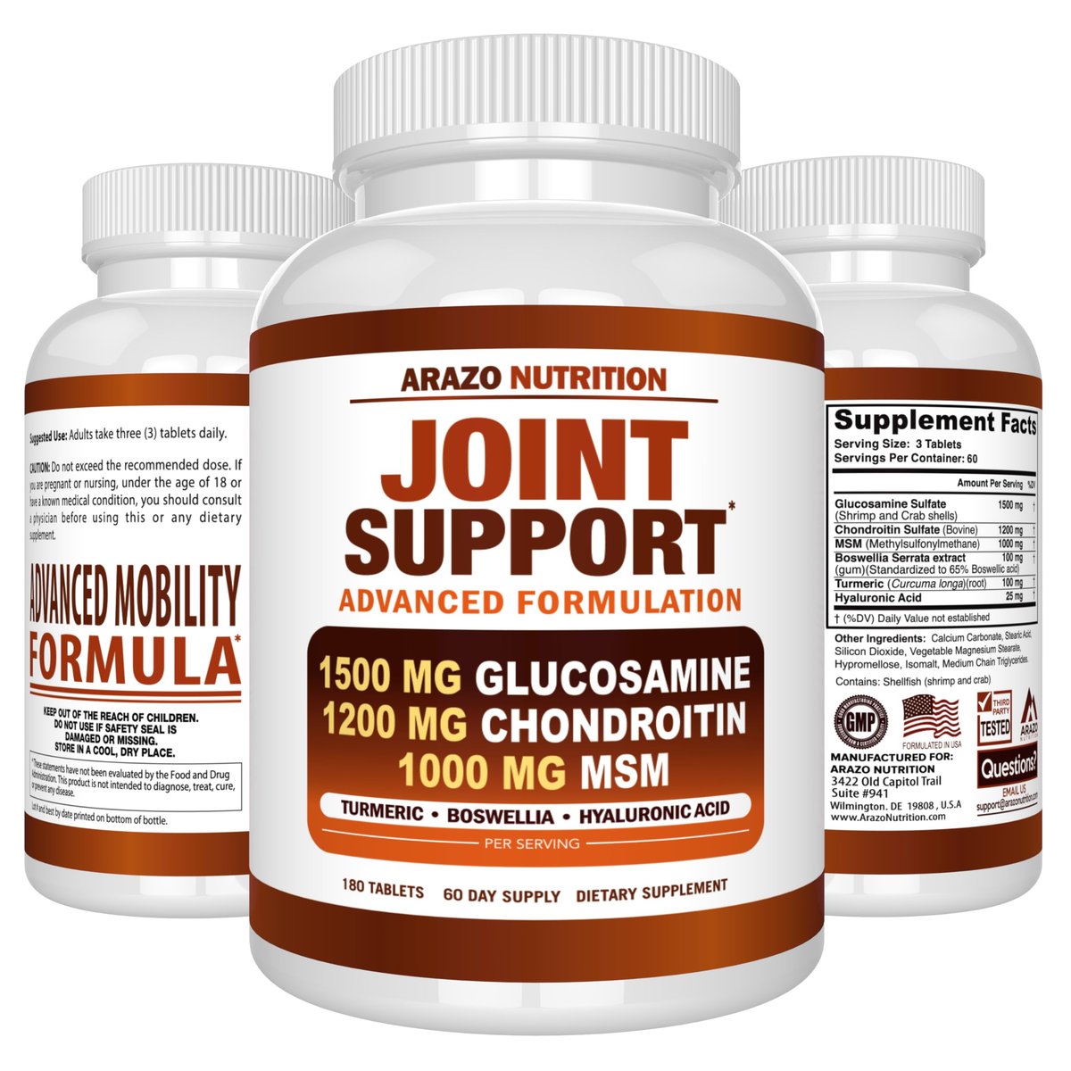Arazo Nutrition Glucosamin Chondroitin Kurkuma MSM Boswellia – Gelenkunterstützung für Knochen, Rücken, Knie, Hände (180 Tabletten)