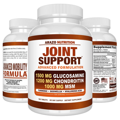 Arazo Nutrition Glucosamin Chondroitin Kurkuma MSM Boswellia – Gelenkunterstützung für Knochen, Rücken, Knie, Hände (180 Tabletten)
