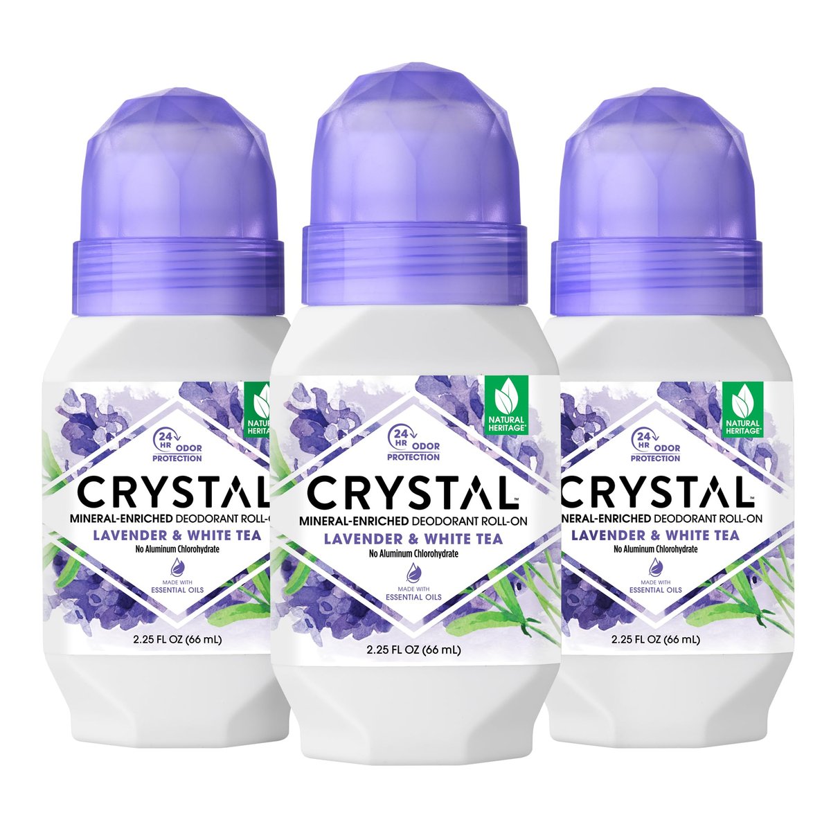 CRYSTAL Deodorant Mineral-Deodorant Roll-On für Damen & Herren, Lavendel & Weißer Tee – Aluminiumfrei, parabenfrei, zertifiziert tierversuchsfrei & vegan – 24h Geruchsschutz, 2,25 Fl Oz (3er-Pack)
