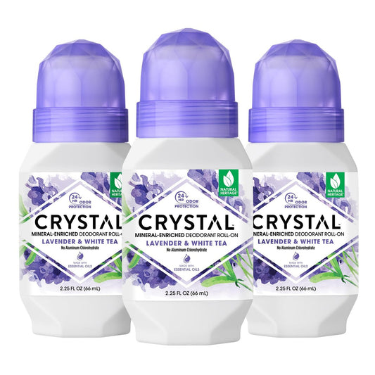 CRYSTAL Deodorant Mineral-Deodorant Roll-On für Damen & Herren, Lavendel & Weißer Tee – Aluminiumfrei, parabenfrei, zertifiziert tierversuchsfrei & vegan – 24h Geruchsschutz, 2,25 Fl Oz (3er-Pack)