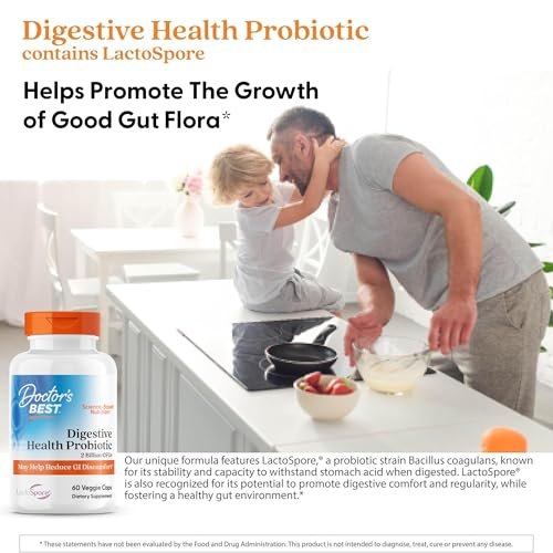 Doctor's Best Probiotikum für die Verdauungsgesundheit – Tägliche Unterstützung der Darmgesundheit für Männer & Frauen, 2 Milliarden KBE, mit LactoSpore (Heyndrickxia Coagulans), vegan – 60 vegane Kapseln