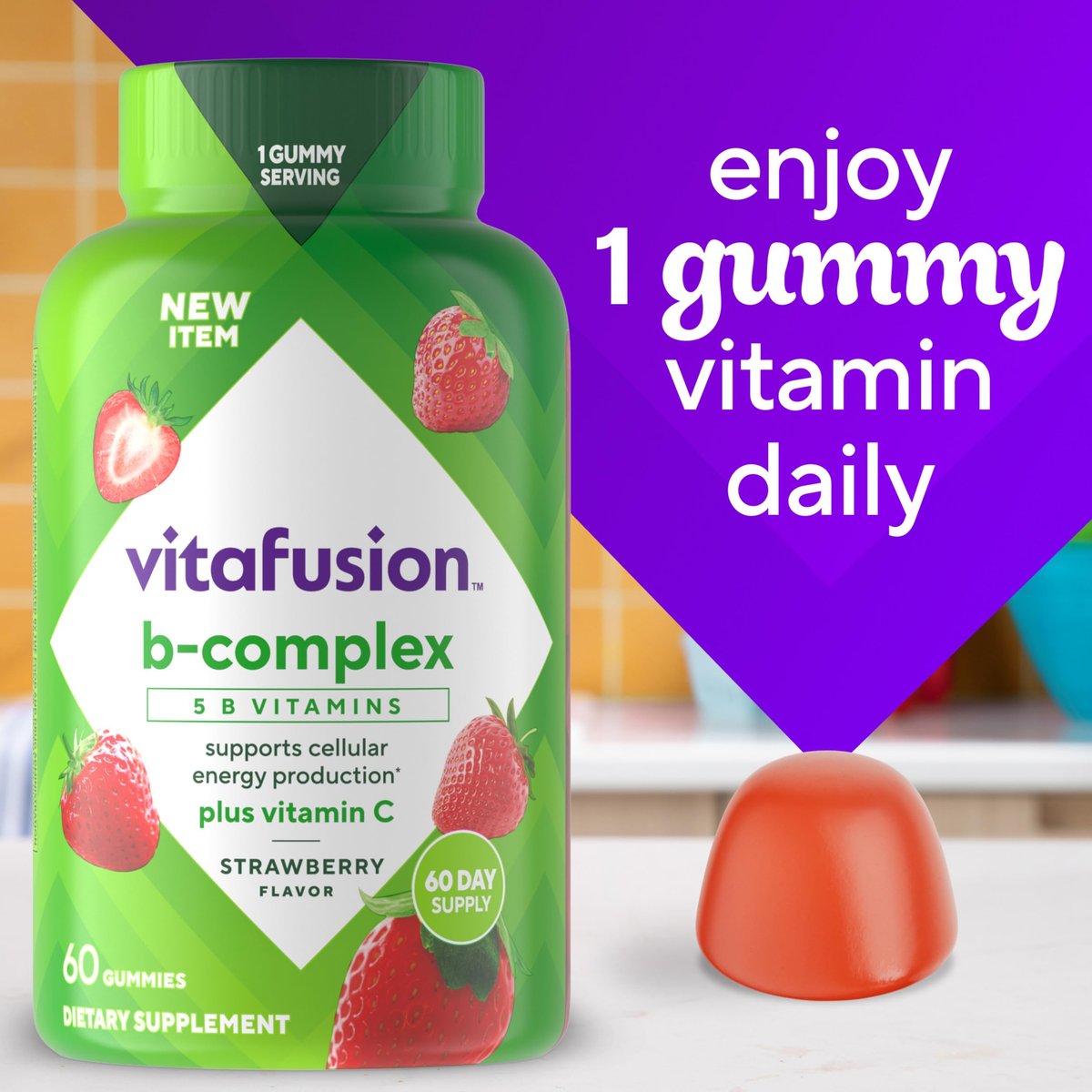 Vitafusion B-Complex Gummis – 5 B-Vitamine plus Vitamin C, Erdbeergeschmack, 60 Stück