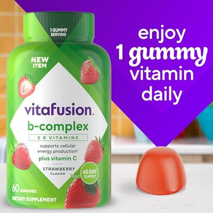 Vitafusion B-Complex Gummis – 5 B-Vitamine plus Vitamin C, Erdbeergeschmack, 60 Stück