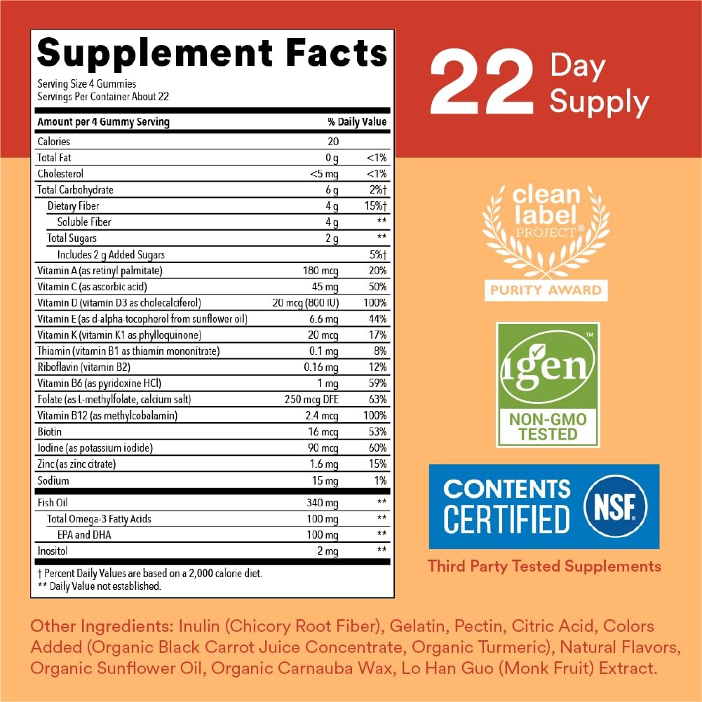 SmartyPants Kids Multivitamin Gummies mit Ballaststoffen - Vitamin D3, C, B12, B6, A, Zink, Biotin, Inositol, Fruchtgummis, drei Fruchtgeschmacksrichtungen, 90 Stück (22 Tage Vorrat)