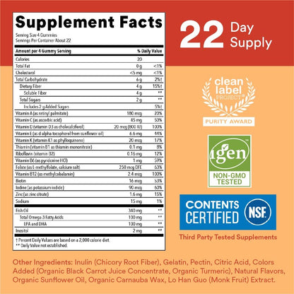 SmartyPants Kids Multivitamin Gummies mit Ballaststoffen - Vitamin D3, C, B12, B6, A, Zink, Biotin, Inositol, Fruchtgummis, drei Fruchtgeschmacksrichtungen, 90 Stück (22 Tage Vorrat)