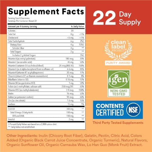 SmartyPants Kids Multivitamin Gummies mit Ballaststoffen - Vitamin D3, C, B12, B6, A, Zink, Biotin, Inositol, Fruchtgummis, drei Fruchtgeschmacksrichtungen, 90 Stück (22 Tage Vorrat)