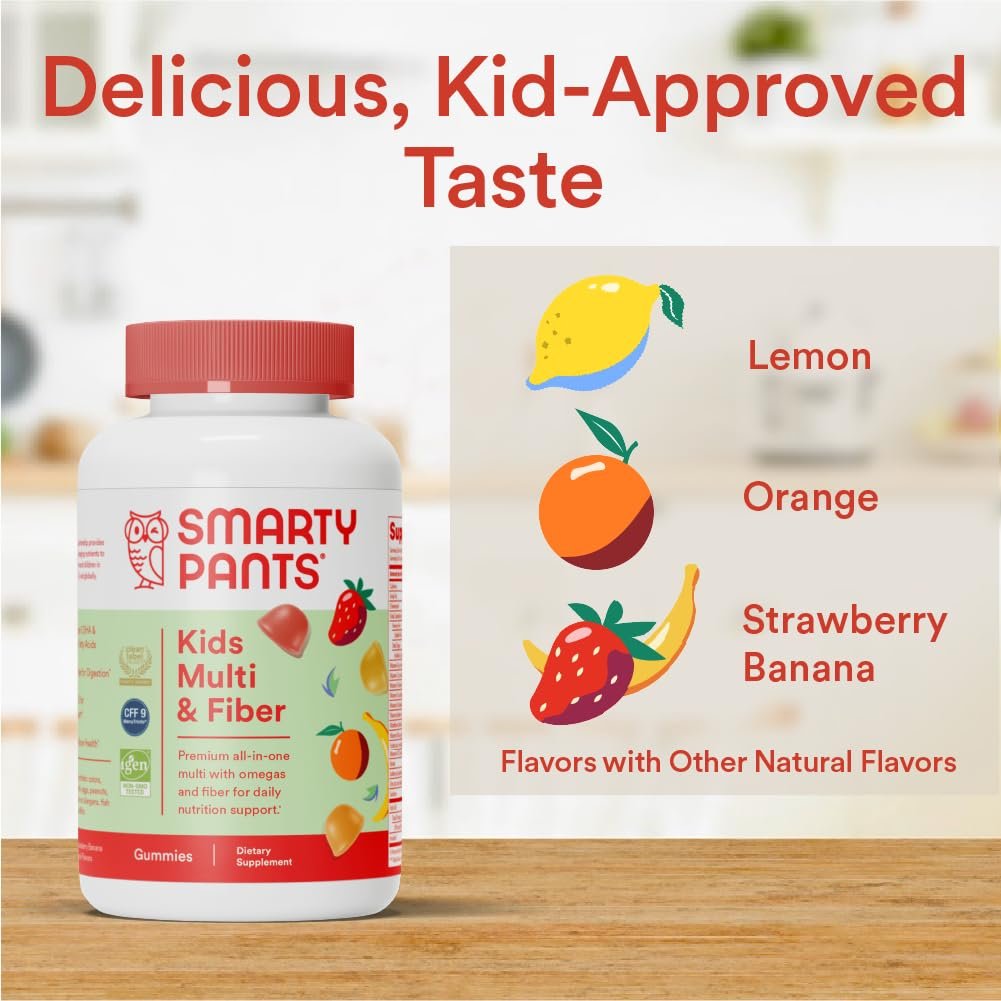 SmartyPants Kids Multivitamin Gummies mit Ballaststoffen - Vitamin D3, C, B12, B6, A, Zink, Biotin, Inositol, Fruchtgummis, drei Fruchtgeschmacksrichtungen, 90 Stück (22 Tage Vorrat)