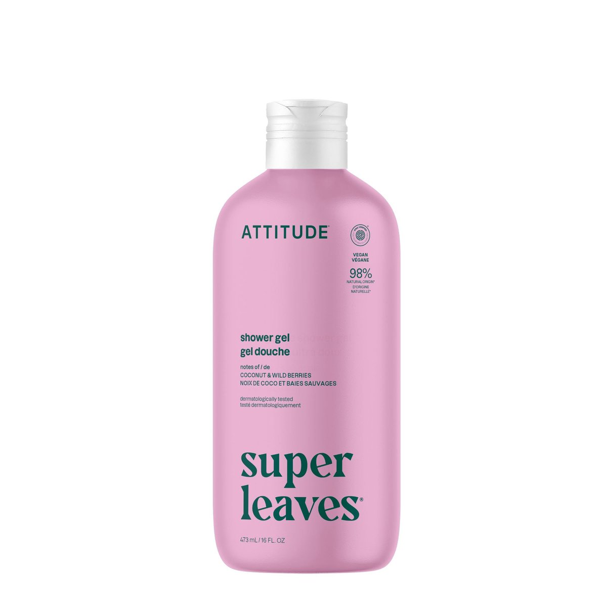ATTITUDE Duschgel, EWG-zertifiziert, dermatologisch getestet, pflanzlich & mineralbasiert, vegan, Duft Kokosnuss & wilde Beeren, 473 ml