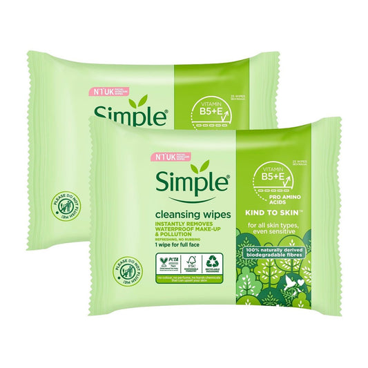 Simple Kind To Skin 25 Reinigungstücher für das Gesicht (3er Pack) – Sanfte Feuchttücher mit Baumwolle