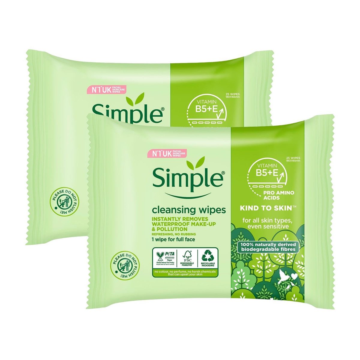 Simple Kind To Skin 25 Reinigungstücher für das Gesicht (3er Pack) – Sanfte Feuchttücher mit Baumwolle