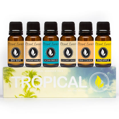 Eternal Essence Oils Tropical Set mit 6 Premium Duftölen - Enthält Kokoscreme, Bay Rum, Piña Colada, Tahitianische Vanille, Meeresbrise und Ananas-Duftöle - 10 ml