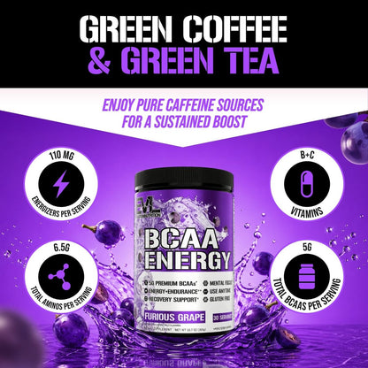 EVL BCAA Aminosäuren Pulver – BCAA Energie Pre Workout Pulver für Muskelregeneration, schlanken Muskelaufbau und Ausdauer – Erfrischendes Post Workout Getränk mit natürlichem Koffein – Furious Grape, 30 Portionen