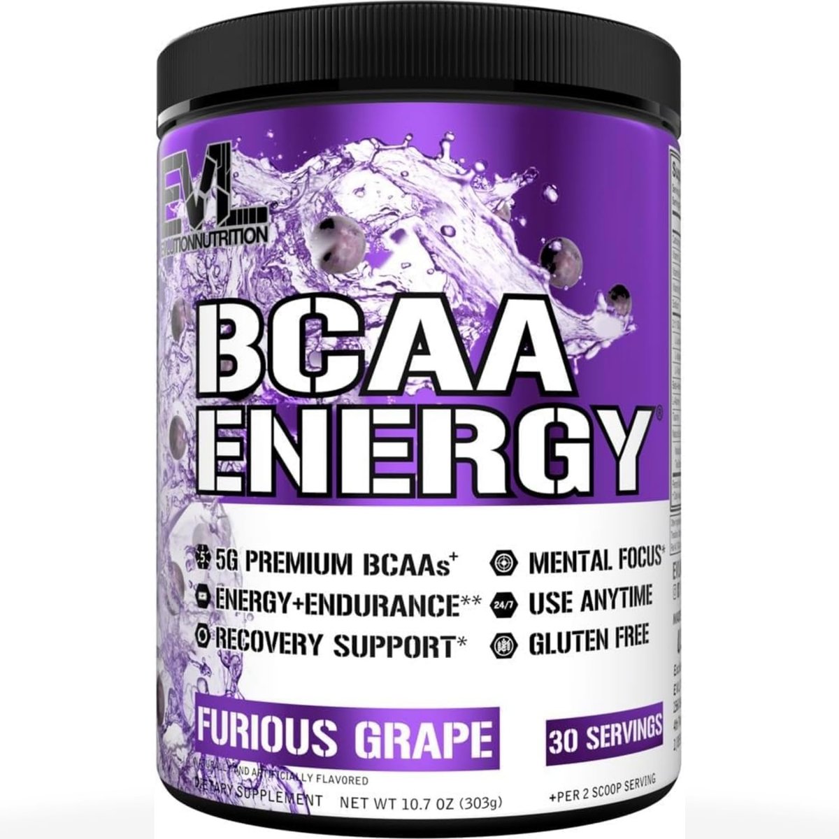 EVL BCAA Aminosäuren Pulver – BCAA Energie Pre Workout Pulver für Muskelregeneration, schlanken Muskelaufbau und Ausdauer – Erfrischendes Post Workout Getränk mit natürlichem Koffein – Furious Grape, 30 Portionen