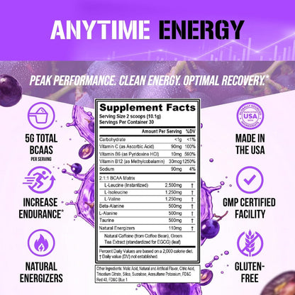 EVL BCAA Aminosäuren Pulver – BCAA Energie Pre Workout Pulver für Muskelregeneration, schlanken Muskelaufbau und Ausdauer – Erfrischendes Post Workout Getränk mit natürlichem Koffein – Furious Grape, 30 Portionen