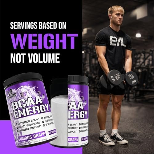 EVL BCAA Aminosäuren Pulver – BCAA Energie Pre Workout Pulver für Muskelregeneration, schlanken Muskelaufbau und Ausdauer – Erfrischendes Post Workout Getränk mit natürlichem Koffein – Furious Grape, 30 Portionen