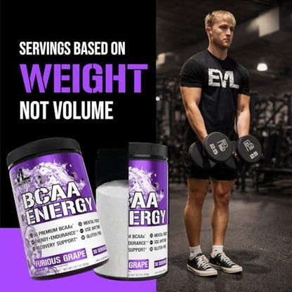 EVL BCAA Aminosäuren Pulver – BCAA Energie Pre Workout Pulver für Muskelregeneration, schlanken Muskelaufbau und Ausdauer – Erfrischendes Post Workout Getränk mit natürlichem Koffein – Furious Grape, 30 Portionen