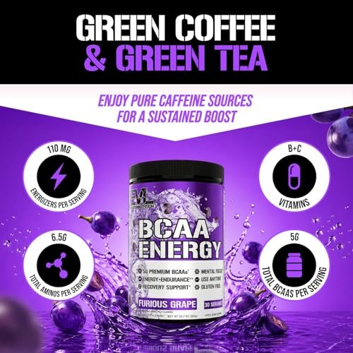 EVL BCAA Aminosäuren Pulver – BCAA Energie Pre Workout Pulver für Muskelregeneration, schlanken Muskelaufbau und Ausdauer – Erfrischendes Post Workout Getränk mit natürlichem Koffein – Furious Grape, 30 Portionen
