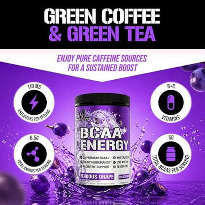 EVL BCAA Aminosäuren Pulver – BCAA Energie Pre Workout Pulver für Muskelregeneration, schlanken Muskelaufbau und Ausdauer – Erfrischendes Post Workout Getränk mit natürlichem Koffein – Furious Grape, 30 Portionen