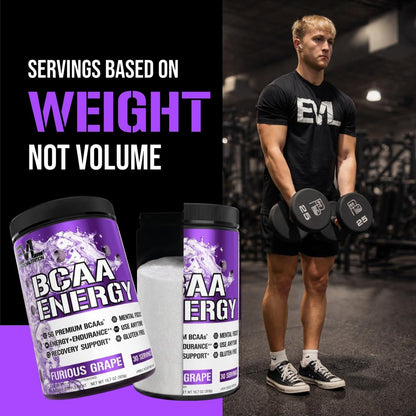 EVL BCAA Aminosäuren Pulver – BCAA Energie Pre Workout Pulver für Muskelregeneration, schlanken Muskelaufbau und Ausdauer – Erfrischendes Post Workout Getränk mit natürlichem Koffein – Furious Grape, 30 Portionen