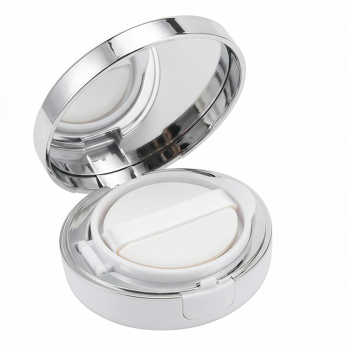 Weiß-Silberner Luxuriöser Air Cushion Puderbehälter 15 g – Leeres Make-up-Puderdöschen mit Spiegel, Schwamm und zusätzlichem Inneneinsatz für Foundation, BB Cream und flüssige Grundierung
