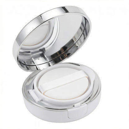 Weiß-Silberner Luxuriöser Air Cushion Puderbehälter 15 g – Leeres Make-up-Puderdöschen mit Spiegel, Schwamm und zusätzlichem Inneneinsatz für Foundation, BB Cream und flüssige Grundierung