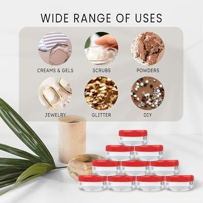 50 Stück leere, klare Acryl-Runddosen 5 g – BPA-freie Behälter für Kosmetik, Lotion, Creme, Make-up, Perlen, Lidschatten, Strasssteine, Proben, Töpfe, kleine Accessoires (roter Deckel)
