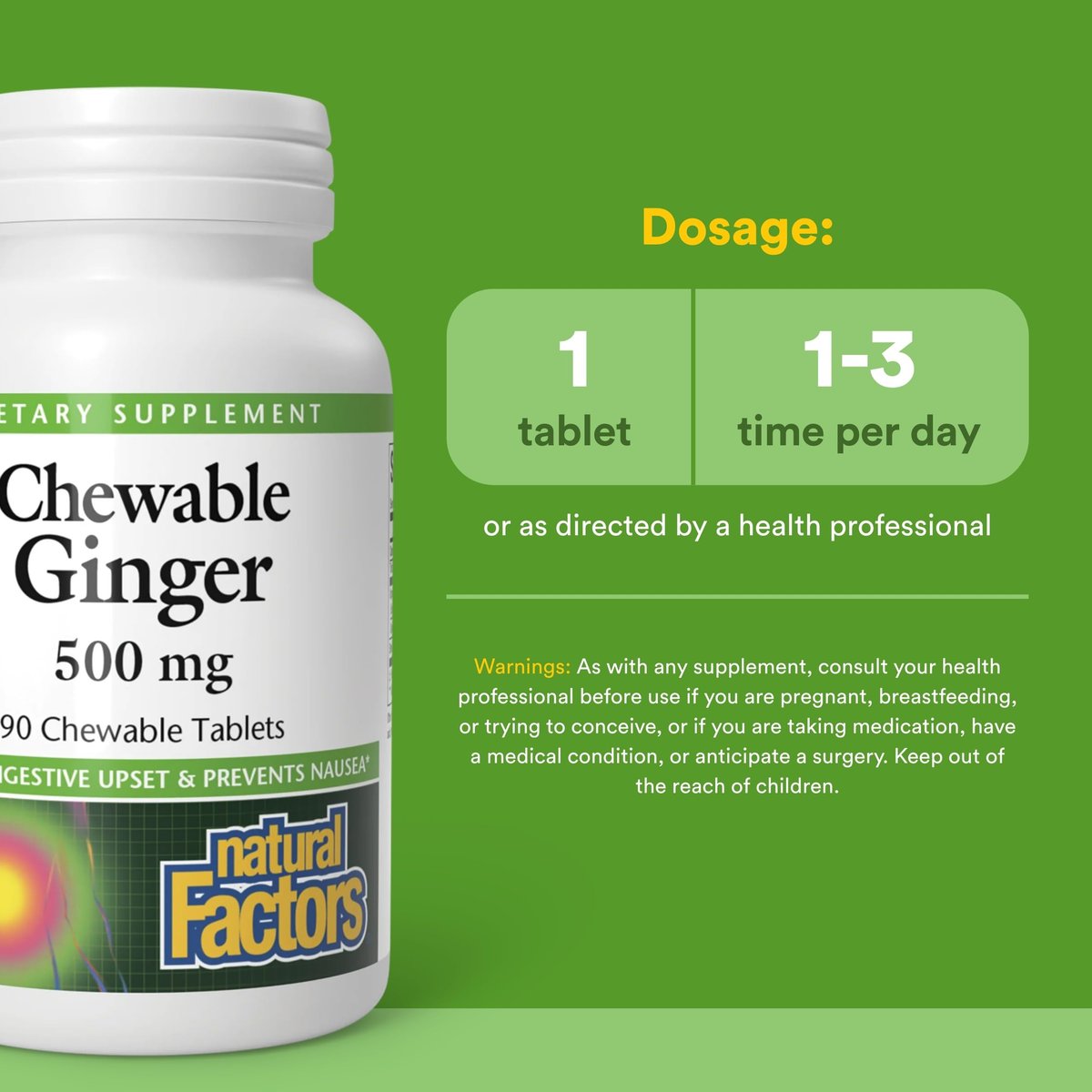 Natural Factors Kaugummi-Ingwer 500 mg, 90 Kautabletten