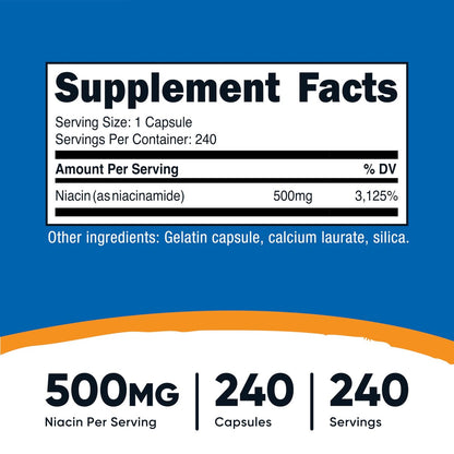Nutricost Niacinamid (Vitamin B3) 500mg, 240 Kapseln - Nicht-GVO, Glutenfrei, Flush-freies Vitamin B3