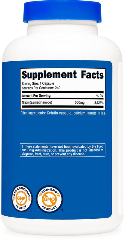 Nutricost Niacinamid (Vitamin B3) 500mg, 240 Kapseln - Nicht-GVO, Glutenfrei, Flush-freies Vitamin B3