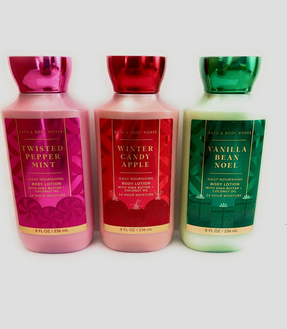 Bath & Body Works Weihnachts-Traditionen Bodylotion Geschenkset – 3 x 240 ml: Vanilla Bean Noel, Winter Candy Apple, Twisted Peppermint