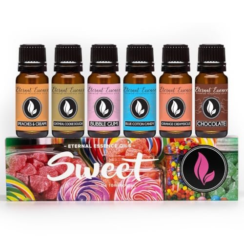 Eternal Essence Oils Sweet Set – 6 Premium Duftöle für Aromatherapie & DIY: Bubble Gum, Orange Creamsicle, Peaches & Cream, Blue Cotton Candy, Oatmeal Cookie Dough, Chocolate – 10 ml
