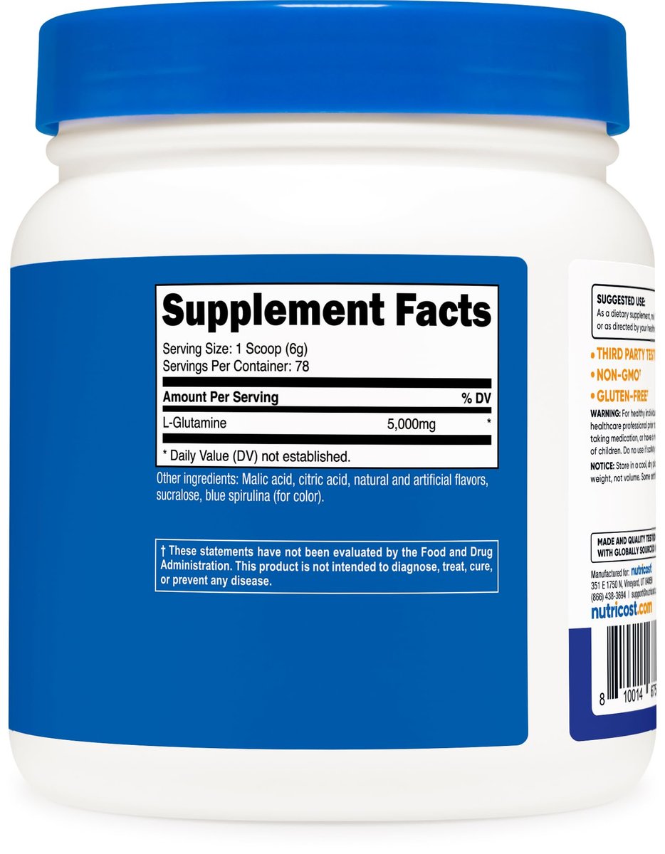 Nutricost L-Glutamin Pulver (500 Gramm) – Blaue Himbeere