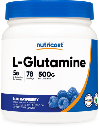 Nutricost L-Glutamin Pulver (500 Gramm) – Blaue Himbeere