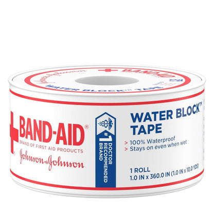 Band-Aid Brand Water Block 100% wasserdichtes Selbstklebeband für die Erste Hilfe, 2,5 cm x 9,1 m, weiß