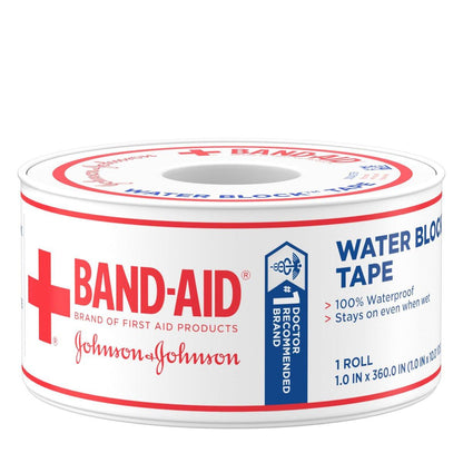Band-Aid Brand Water Block 100% wasserdichtes Selbstklebeband für die Erste Hilfe, 2,5 cm x 9,1 m, weiß
