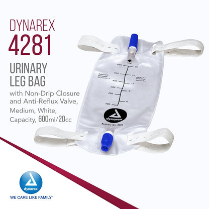 Dynarex Urinbeutel für Bein, zur Verwendung mit Katheter, mit tropffreiem Verschluss und Rückflussventil, 600 ml / 20 oz Fassungsvermögen, Mittelgroß, Weiß, 12 Stück