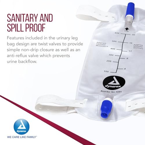 Dynarex Urinbeutel für Bein, zur Verwendung mit Katheter, mit tropffreiem Verschluss und Rückflussventil, 600 ml / 20 oz Fassungsvermögen, Mittelgroß, Weiß, 12 Stück