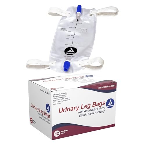 Dynarex Urinbeutel für Bein, zur Verwendung mit Katheter, mit tropffreiem Verschluss und Rückflussventil, 600 ml / 20 oz Fassungsvermögen, Mittelgroß, Weiß, 12 Stück