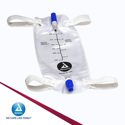 Dynarex Urinbeutel für Bein, zur Verwendung mit Katheter, mit tropffreiem Verschluss und Rückflussventil, 600 ml / 20 oz Fassungsvermögen, Mittelgroß, Weiß, 12 Stück