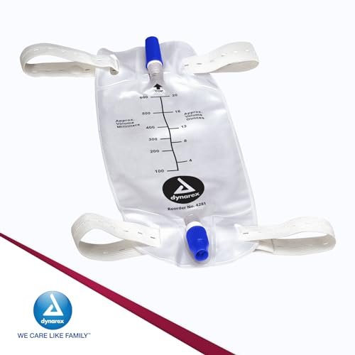 Dynarex Urinbeutel für Bein, zur Verwendung mit Katheter, mit tropffreiem Verschluss und Rückflussventil, 600 ml / 20 oz Fassungsvermögen, Mittelgroß, Weiß, 12 Stück