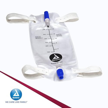 Dynarex Urinbeutel für Bein, zur Verwendung mit Katheter, mit tropffreiem Verschluss und Rückflussventil, 600 ml / 20 oz Fassungsvermögen, Mittelgroß, Weiß, 12 Stück