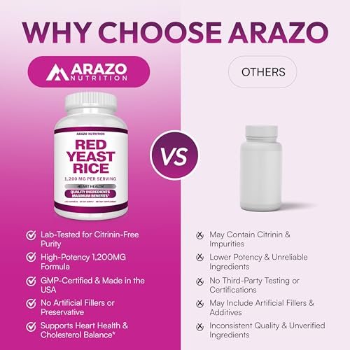 Arazo Nutrition Rotschimmelreis Extrakt 1200 mg pro Portion – Citrininfrei – Vegetarisch 120 Kapseln