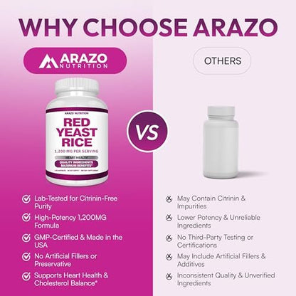 Arazo Nutrition Rotschimmelreis Extrakt 1200 mg pro Portion – Citrininfrei – Vegetarisch 120 Kapseln