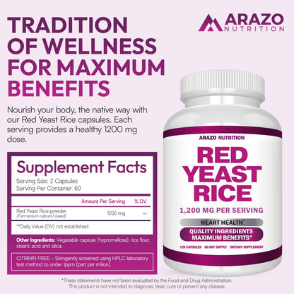 Arazo Nutrition Rotschimmelreis Extrakt 1200 mg pro Portion – Citrininfrei – Vegetarisch 120 Kapseln