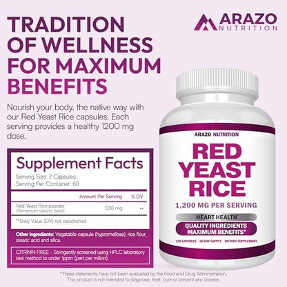 Arazo Nutrition Rotschimmelreis Extrakt 1200 mg pro Portion – Citrininfrei – Vegetarisch 120 Kapseln